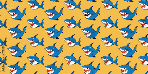 Seamless pattern of cute cartoon blue sharks with open mouths and sharp teeth on a yellow background