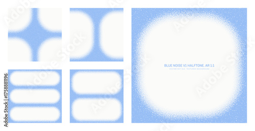 Assorted vector blue noise halftone pattern set in square 1:1 aspect ratio including rounded frame and various unique textures. Miscellaneous half tone graphic grainy texture design element collection