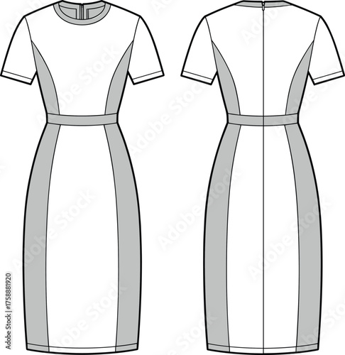 Elegant fitted dress front and back view, short sleeve midi dress design, detailed fashion CAD drawing flat vector illustration, isolated