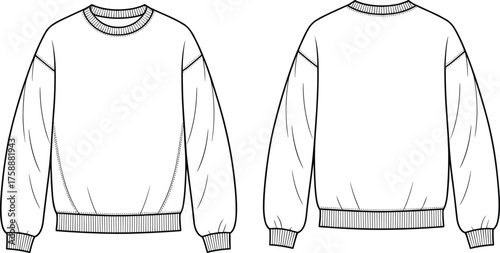 Sweatshirt front and back view, casual pullover design, ribbed cuffs and hem, detailed apparel CAD drawing flat vector illustration, isolated
