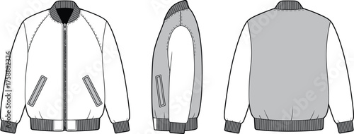 Bomber jacket front, side, and back view, casual outerwear technical sketch, detailed fashion CAD drawing flat vector illustration, isolated design