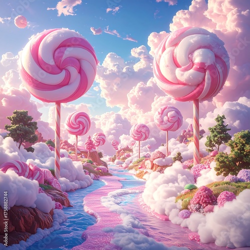 Whimsical, pastel landscape featuring candy lollipops amidst fluffy clouds