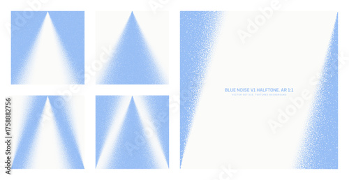 Assorted vector blue noise halftone pattern set in square 1:1 aspect ratio including angular frame and various pyramid shaped textures. Varied half tone grainy texture graphical design elements bundle