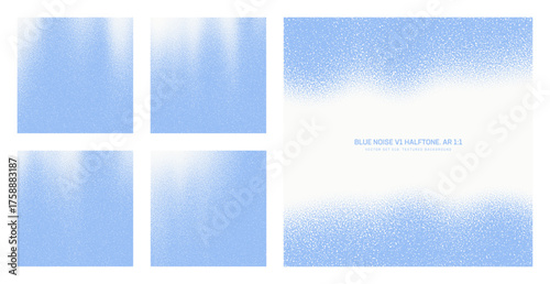 Assorted vector blue noise halftone pattern set in square 1:1 aspect ratio including smooth blurred faded border and flowing textures. Various half tone grainy texture graphical design element bundle