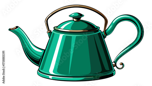 Very beautiful classic vintage enamel kettle in rich emerald green, polished to perfection, with graceful curves and details, complementing the crisp white background with vibrant sophistication.