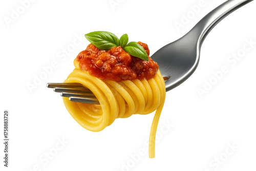 Fork with delicious spaghetti bolognese and basil leaf on transparent background