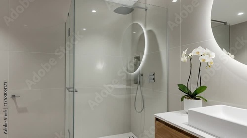 Modern, minimalist bathroom with glass shower enclosure, round mirror, and orchids