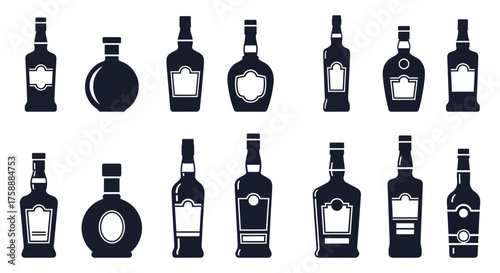 Collection of various dark liquor bottles and spirits in a clean silhouette style on a white background