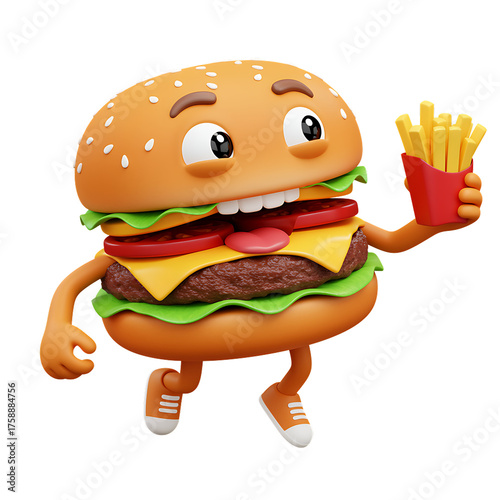 Playful 3D Cartoon Hamburger Character Holding French Fries.