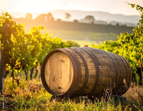 Wooden barrel in vineyard at sunset, with golden light and rolling hills
