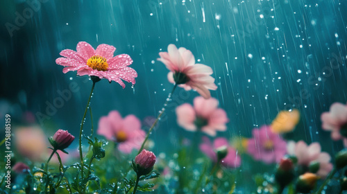 peaceful rain shower over field of colorful flowers, creating serene and refreshing atmosphere. droplets enhance beauty of blossoms