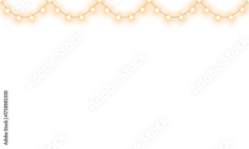 Warm glowing string lights or christmas fairy lights overlay with soft warm golden yellow white illumination for festive event celebration and home decoration on transparent background