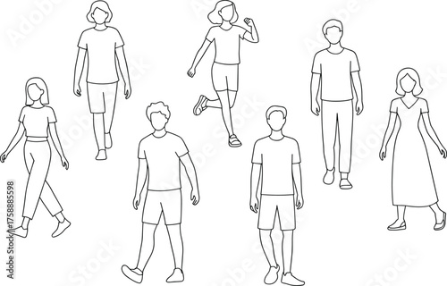 walking people vector illustration, casual outfit line drawing, modern human figures, standing and walking poses, minimal flat design