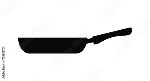 Simple black silhouette of a frying pan with a long handle on a white background