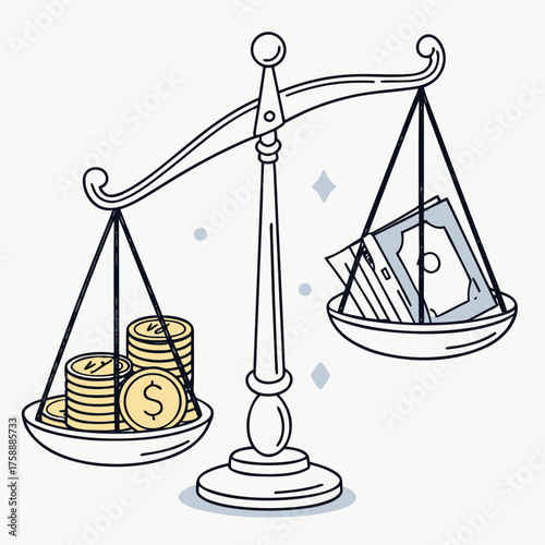 Illustration of a balance scale comparing money and value, emphasizing financial equilibrium and investment strategy