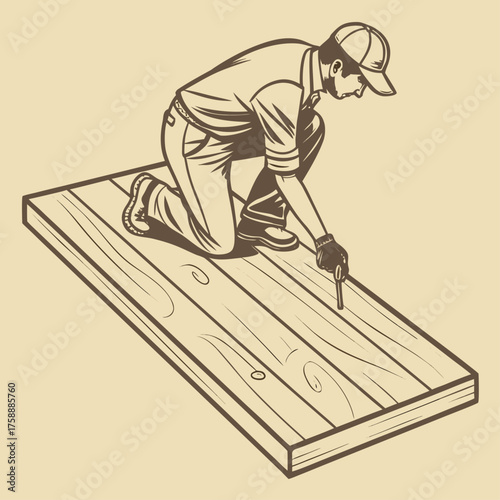 Illustration of a carpenter working on a wooden plank, using a tool to smooth the surface, ideal for woodworking or construction themed designs the vintage style adds a touch of nostalgia