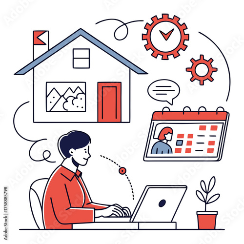 Illustration of a person working from home with a laptop, calendar, and house in the background, depicting remote work, productivity, and worklife balance