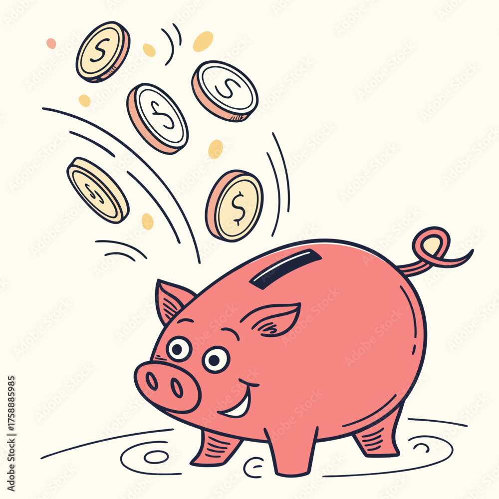Fototapeta premium Vector art of a cheerful pink piggy bank with coins falling into it, , representing savings, finance, and investment in a playful and engaging manner for financial literacy