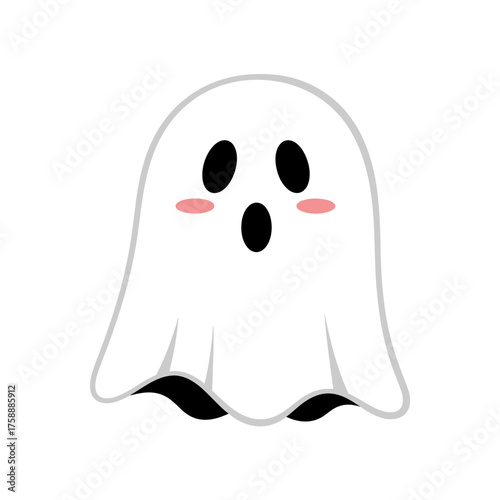 A cute vector illustration of a surprised kawaii ghost with rosy cheeks on a white background.
