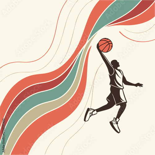 Vector art of a basketball player is jumping to dunk the ball with colorful stripes in the background, showing the energy and movement of the game the design is modern and dynamic