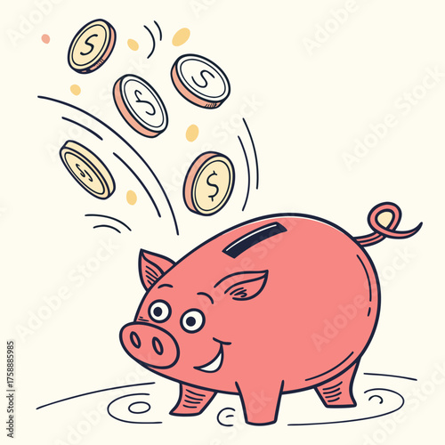 Fotomural Vector art of a cheerful pink piggy bank with coins falling into it, , represent