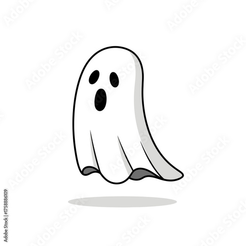 A cute cartoon ghost with a surprised expression floating over a shadow on a white background.