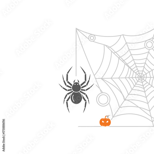 A stylized illustration of a spider hanging from a web with a small pumpkin below, perfect for Halloween themes.