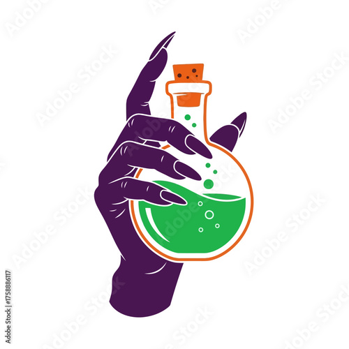 A dark purple witch's hand with long green nails holding a bubbling green potion in a round glass flask with a cork stopper.