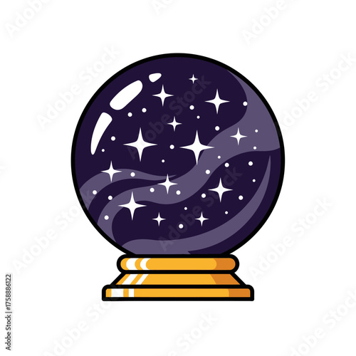 A mystical illustration of a crystal ball, showcasing a starry night sky within its depths, resting on a golden stand.