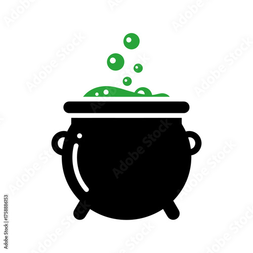 A black cauldron with green bubbling liquid and rising green bubbles, a stylized illustration on a white background.
