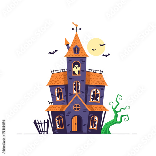 A spooky cartoon haunted house with bats, a ghost, and a full moon, perfect for Halloween.