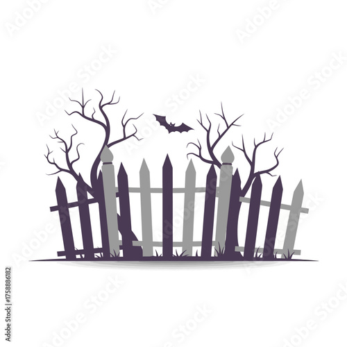 Spooky Halloween fence with bare trees and a bat silhouette.
