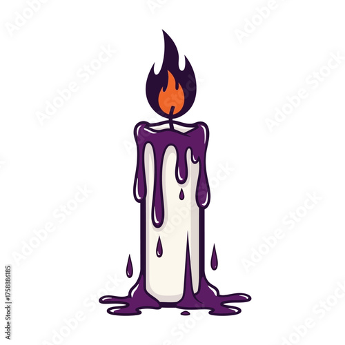 A stylized cartoon illustration of a burning candle with dripping purple wax and a dark flame.