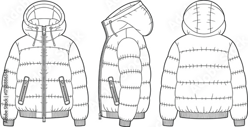 Winter puffer jacket front side back view, hooded quilted outerwear, warm fashion coat technical drawing, cad flat vector illustration