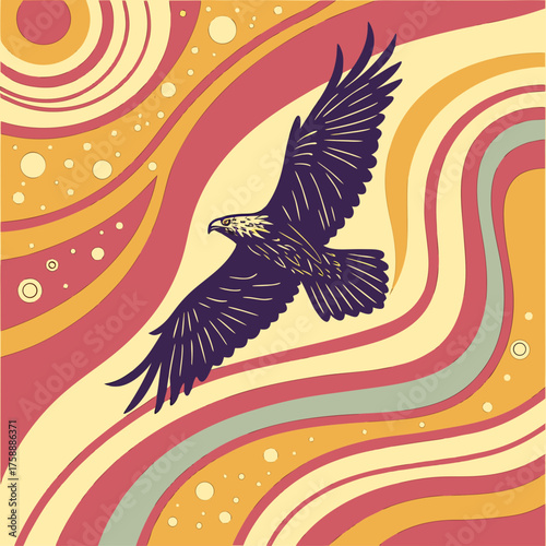 Vector art of an eagle is soaring against a retrostyle background with swirling patterns and vibrant colors, creating a dynamic and eyecatching composition, symbolizing freedom and power