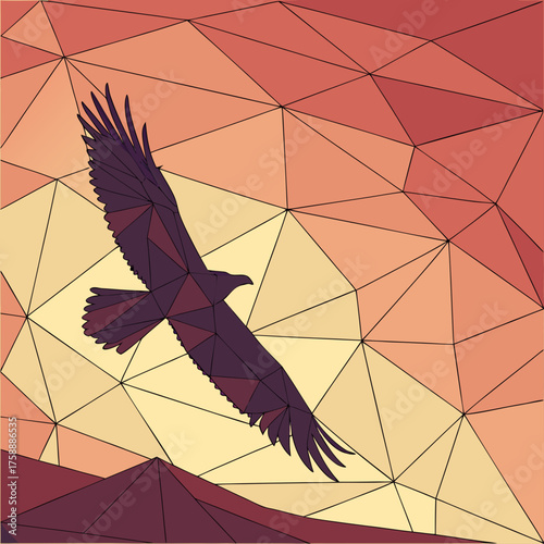 Vector art of geometric eagle soars against a polygonal sunset, its wings spread wide in a display of freedom and strength, the low poly design adding a modern touch to this majestic bird of prey
