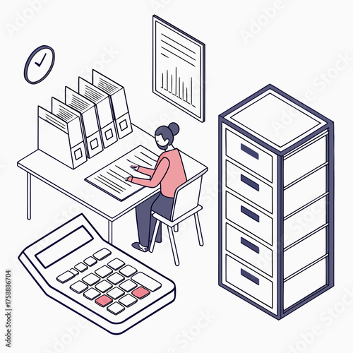 Vector art of isometric illustration of a woman working at a desk with a calculator, files, and a filing cabinet the scene represents accounting, finance, or office administration
