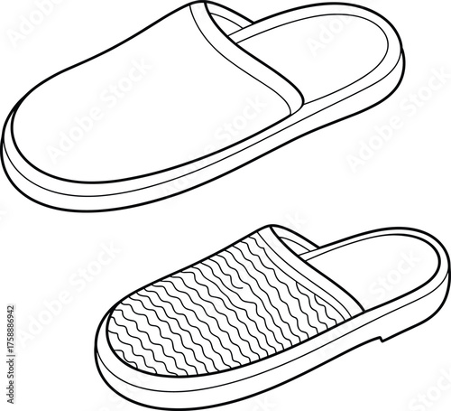 Minimalist indoor slippers, cozy home footwear, modern slip-on shoes, comfortable house slippers design, line art illustration, clean background, isolated