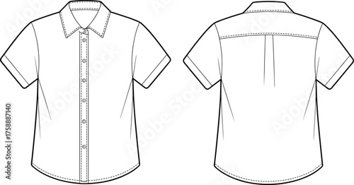 short sleeve button up shirt technical flat, front and back fashion sketch, clothing design template, detailed stitching cad drawing flat vector illustration