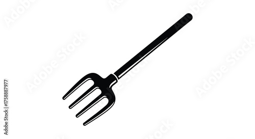 A stark black silhouette of a garden pitchfork tool with four tines on a clean white background