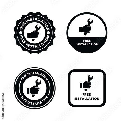 Free installation with hand and spanner icon set. Install, upgrade, fix, repair service icons. Free installation logo, label, badge, symbol, emblem, stamp, black, line, vector isolated illustration
