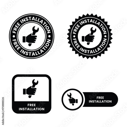 Free installation with hand and spanner icon set. Install, upgrade, fix, repair service icons. Free installation logo, label, badge, symbol, emblem, stamp, black, line, vector isolated illustration