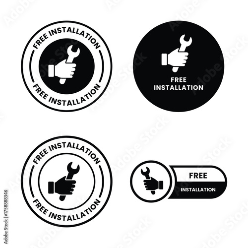 Free installation with hand and spanner icon set. Install, upgrade, fix, repair service icons. Free installation logo, label, badge, symbol, emblem, stamp, black, line, vector isolated illustration