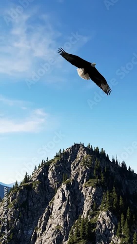 Majestic bald eagle soaring above rocky mountain peak against blue sky