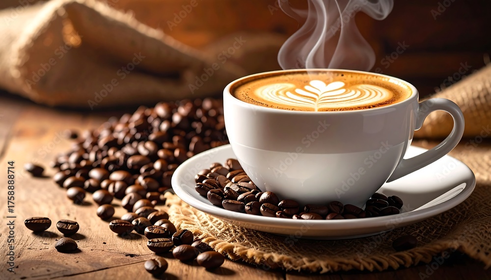 Fototapeta premium A steaming white cup holds artful foam, with coffee beans scattered around. A rustic sack and wooden table complete the scene