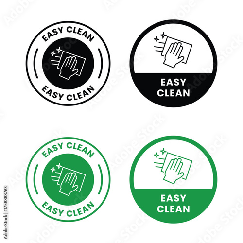 Easy clean icon set. Hand with napkin wiping a surface. Housekeeping symbol. Easy clean logo, label, badge, symbol, banner, circle, black, line, vector, isolated illustration. Cleaner service logo