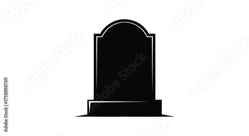 A stark black silhouette of a traditional gravestone with a rounded top on a white background silhouette