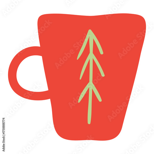Ceramic mug with spruce tree print isolated on transparent. Hand drawn flat vector illustration. Traditional holiday, Christmas, New Year, seasonal design element, clip art. Serving hot drinks