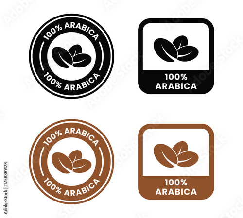 100 arabica icon. 100 robusta label. Premium coffee blend vector illustration. Coffee beans emblem, badge, sign, stamp or seal for product packaging isolated.