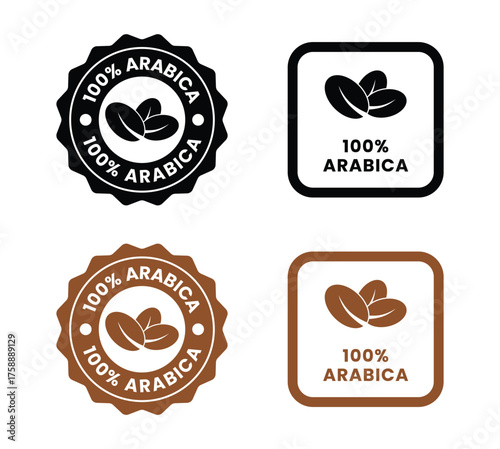 100 arabica icon. 100 robusta label. Premium coffee blend vector illustration. Coffee beans emblem, badge, sign, stamp or seal for product packaging isolated.